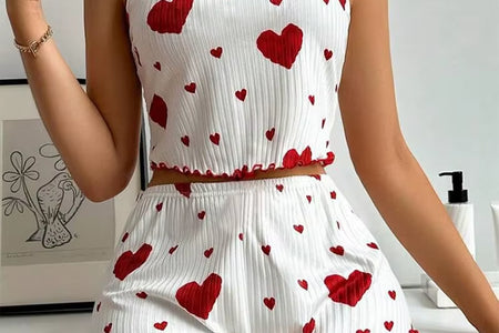 Women'S Pajamas Set Sleepwear 2 PCS Short Tank Tops and Shorts S M L White Ventilate Soft Casual Love Printing